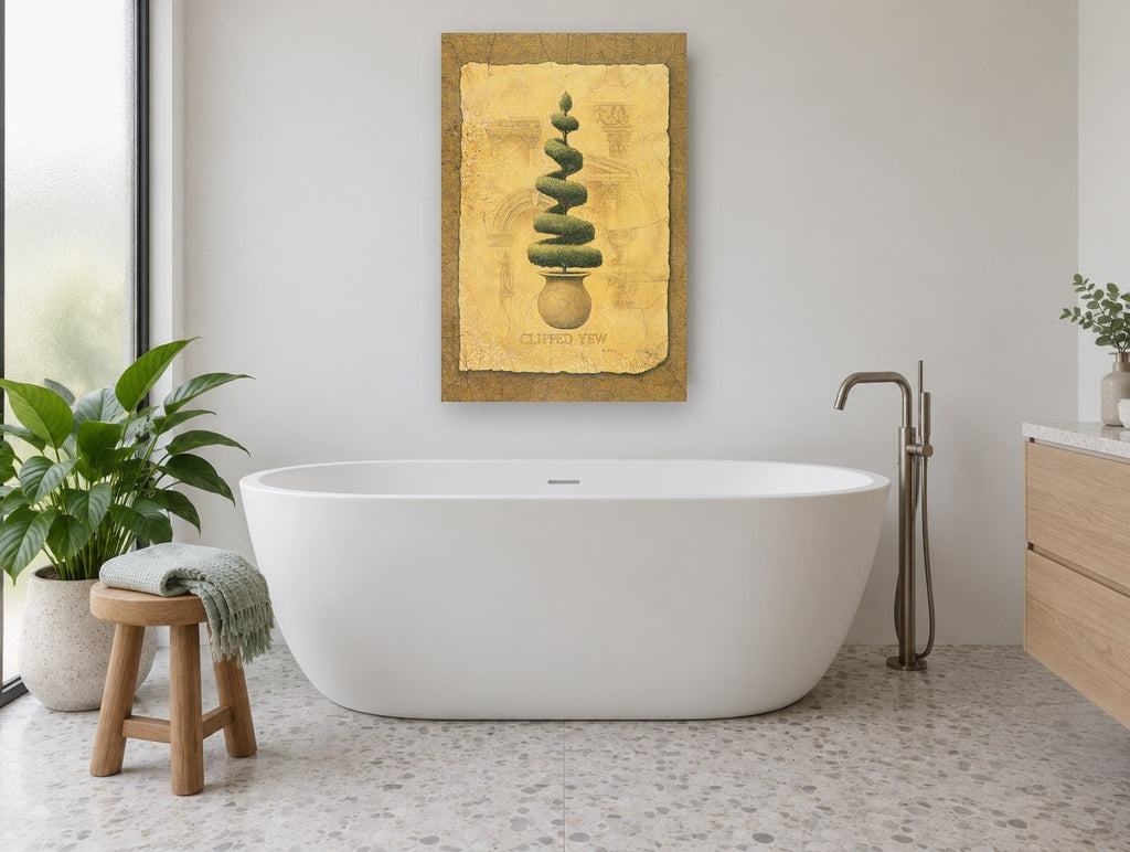 Spiral Yew Topiary floral canvas print on the wall of a bathroom