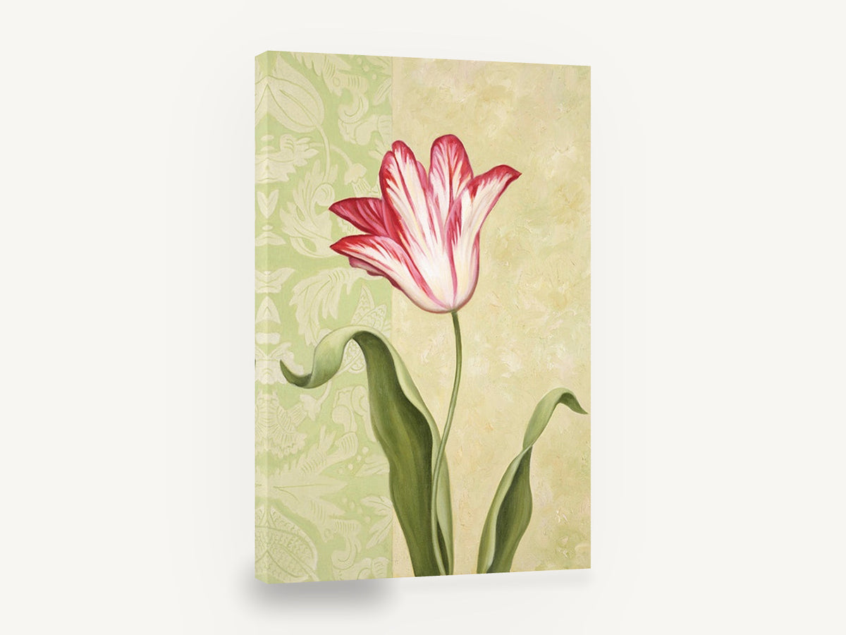 Striped Tulip on Damask, red and white tulip floral painting, floral canvas wall art print ready to hang