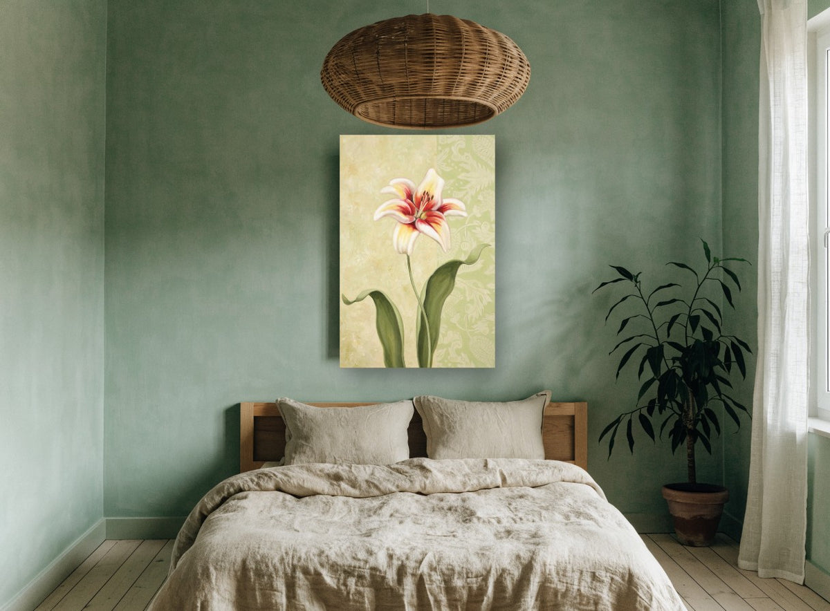 Lily on Sage Damask floral canvas print on the wall of a bedroom