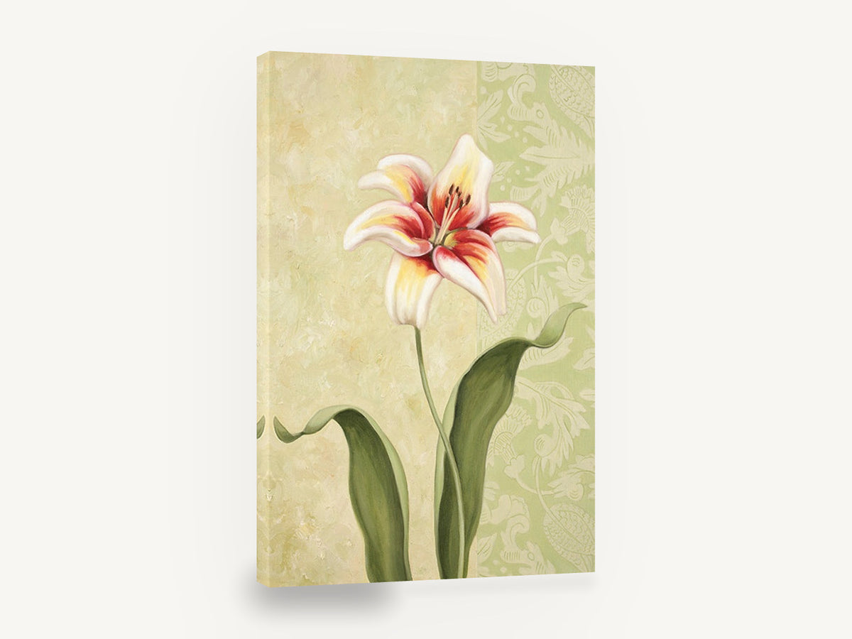 Lily on Sage Damask, white red lily painting green damask, floral canvas wall art print ready to hang