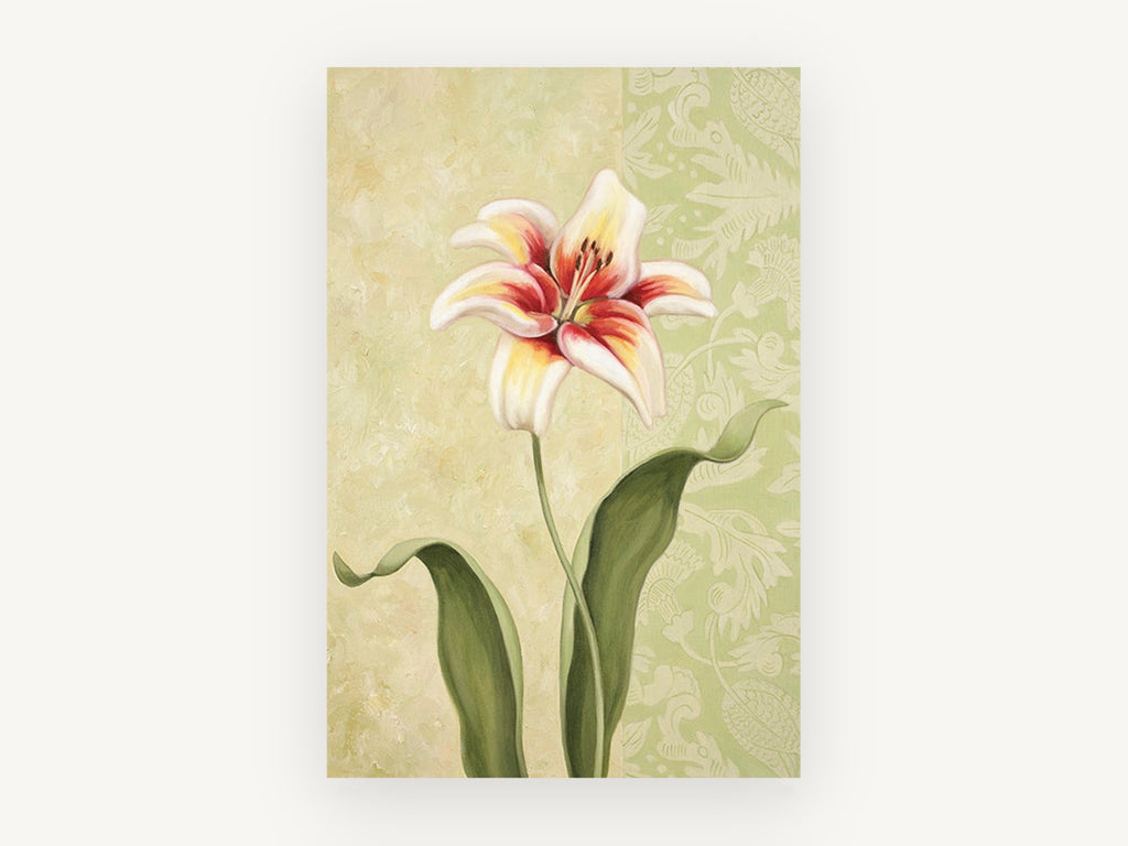Lily on Sage Damask, floral canvas wall art print, front view