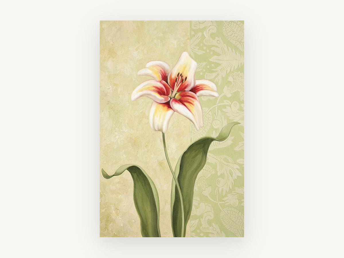 Lily on Sage Damask, floral canvas wall art print, front view