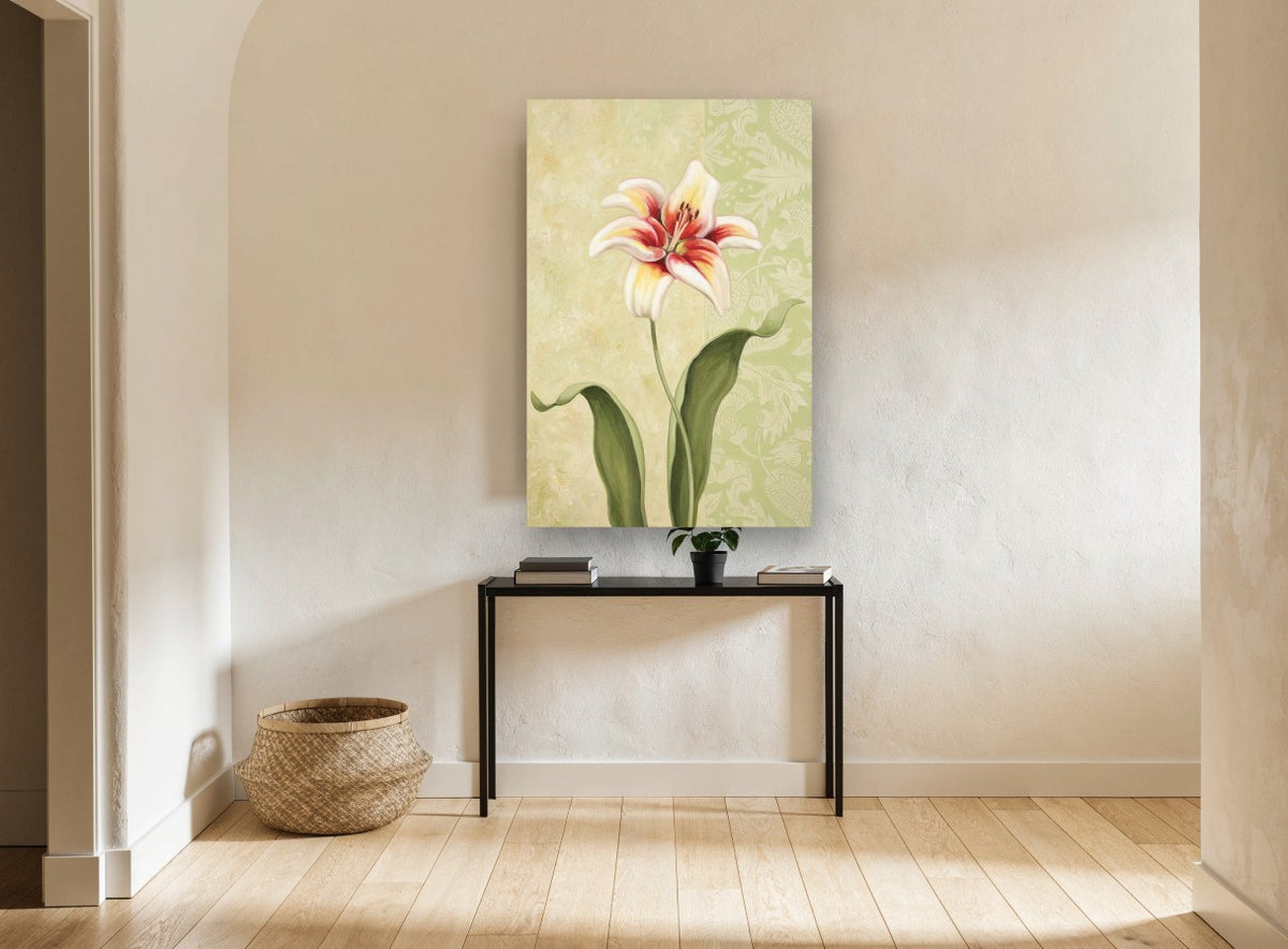 Lily on Sage Damask floral canvas print on the wall of a hallway