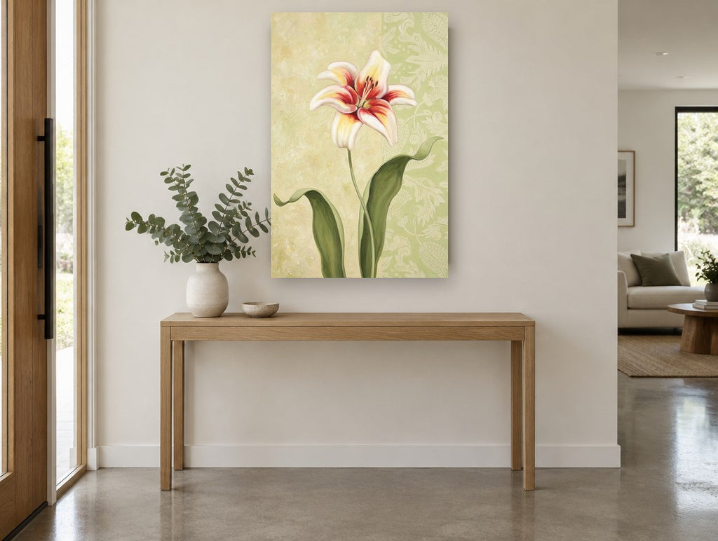 Lily on Sage Damask floral canvas print on the wall of a entry hall