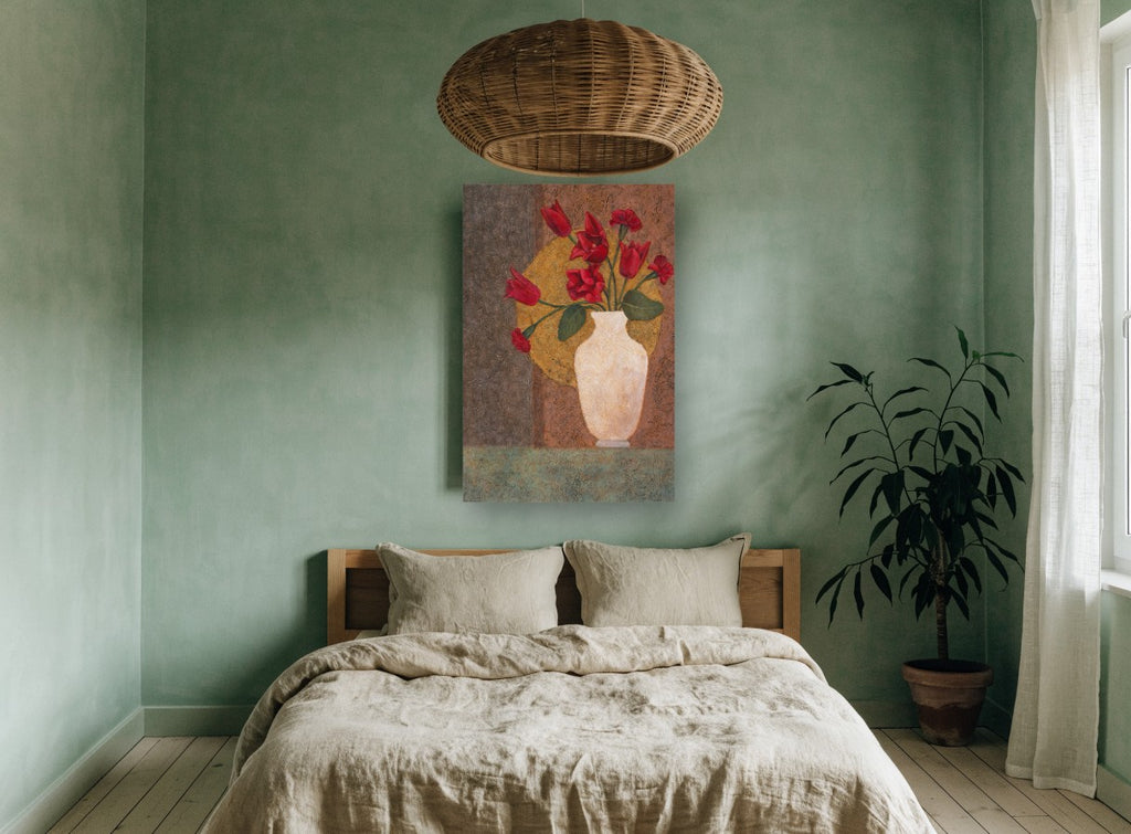 Red Tulips on Gold floral canvas print on the wall of a bedroom