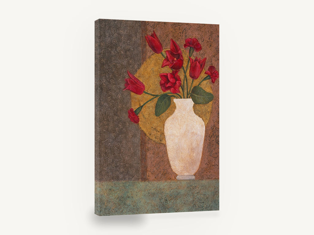 Red Tulips on Gold, red tulips in white vase painting, floral canvas wall art print ready to hang