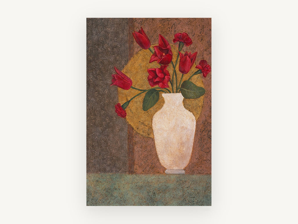Red Tulips on Gold, floral canvas wall art print, front view