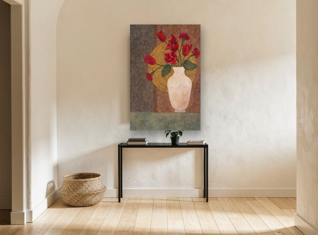 Red Tulips on Gold floral canvas print on the wall of a hallway