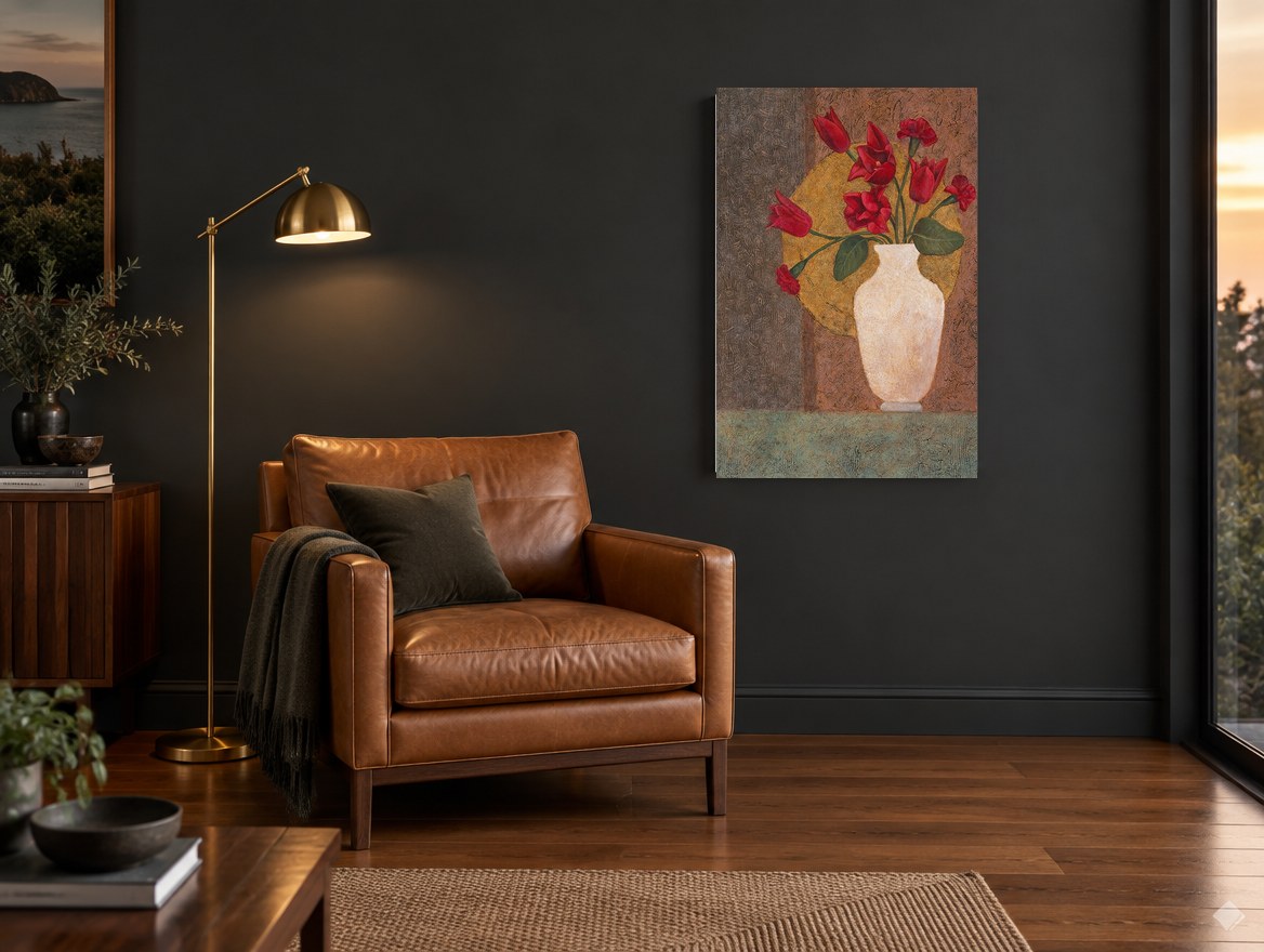 Red Tulips on Gold floral canvas print on the wall of a charcoal living room