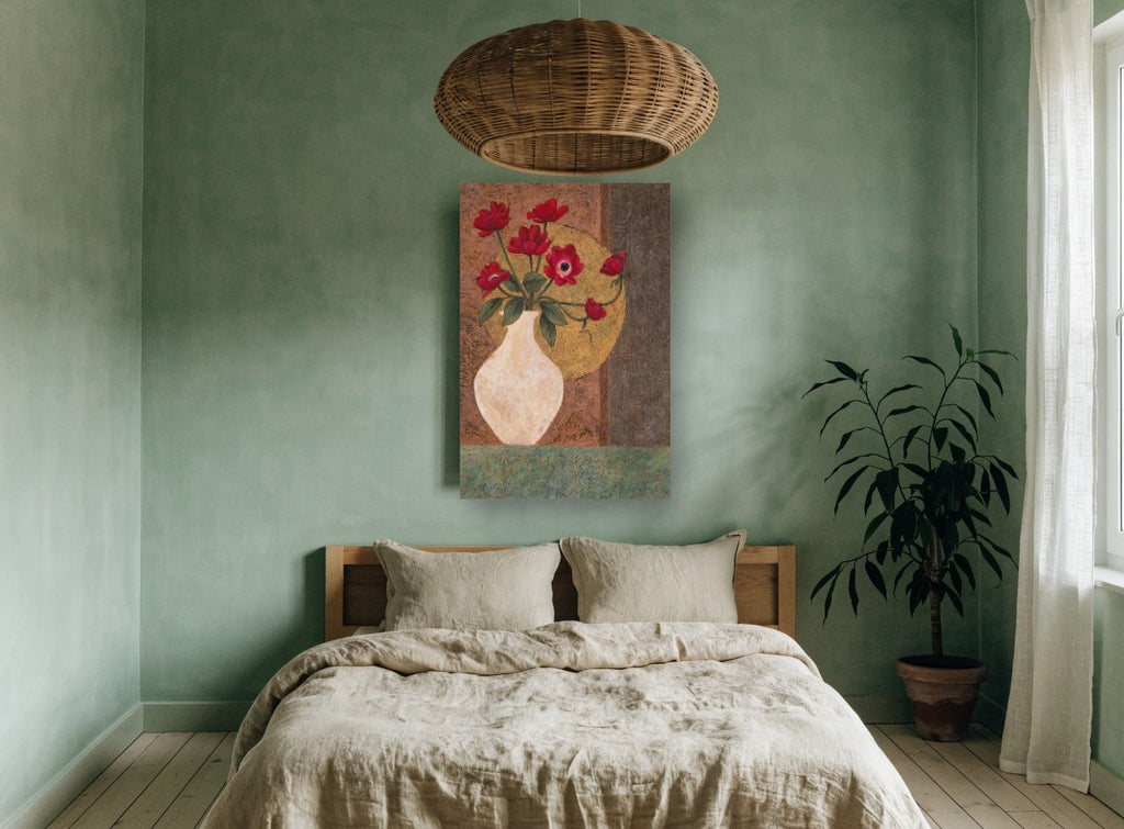 Red Anemones in Cream Vase floral canvas print on the wall of a bedroom