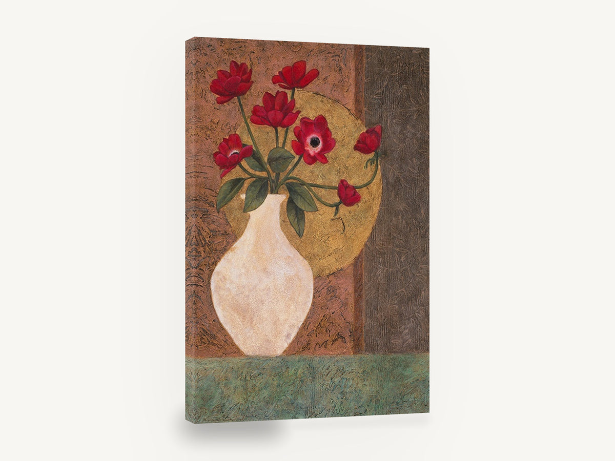 Red Anemones in Cream Vase, red poppies in vase textured still life, floral canvas wall art print ready to hang