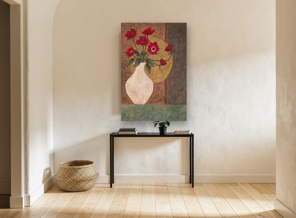 Red Anemones in Cream Vase floral canvas print on the wall of a hallway