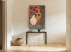Red Anemones in Cream Vase floral canvas print on the wall of a hallway