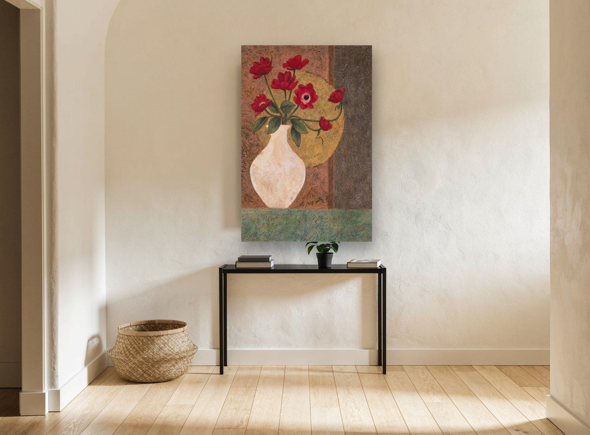 Red Anemones in Cream Vase floral canvas print on the wall of a hallway