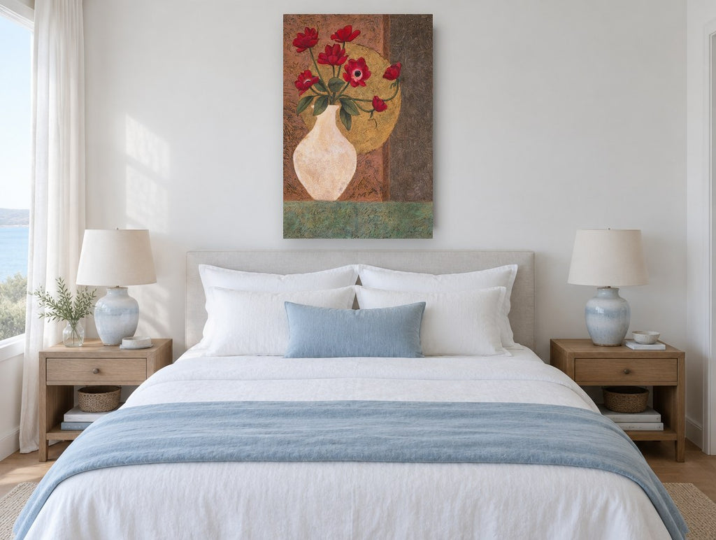 Red Anemones in Cream Vase floral canvas print on the wall of a coastal bedroom
