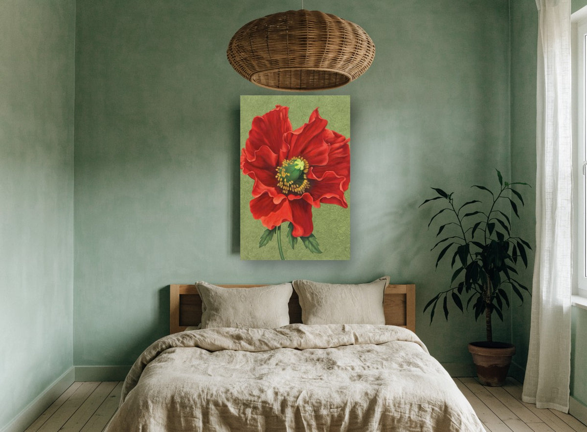 Crimson Poppy Bloom floral canvas print on the wall of a bedroom