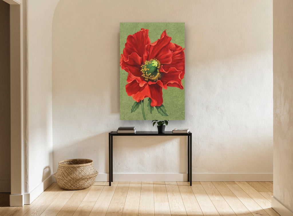 Crimson Poppy Bloom floral canvas print on the wall of a hallway