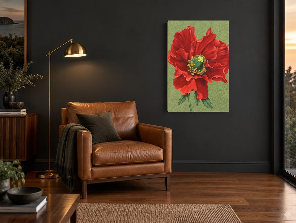 Crimson Poppy Bloom floral canvas print on the wall of a charcoal living room