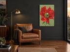 Crimson Poppy Bloom floral canvas print on the wall of a charcoal living room