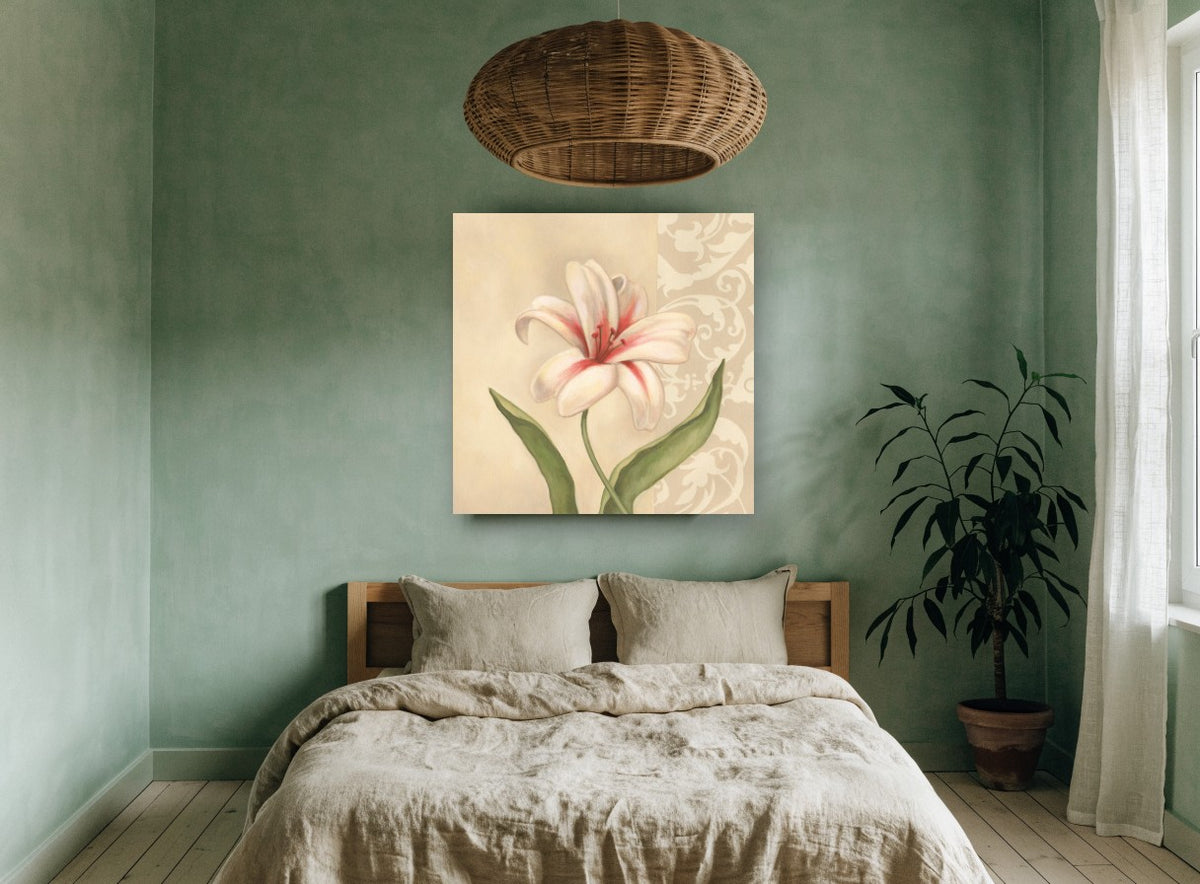 Cream Lily Panel vintage canvas print on the wall of a bedroom