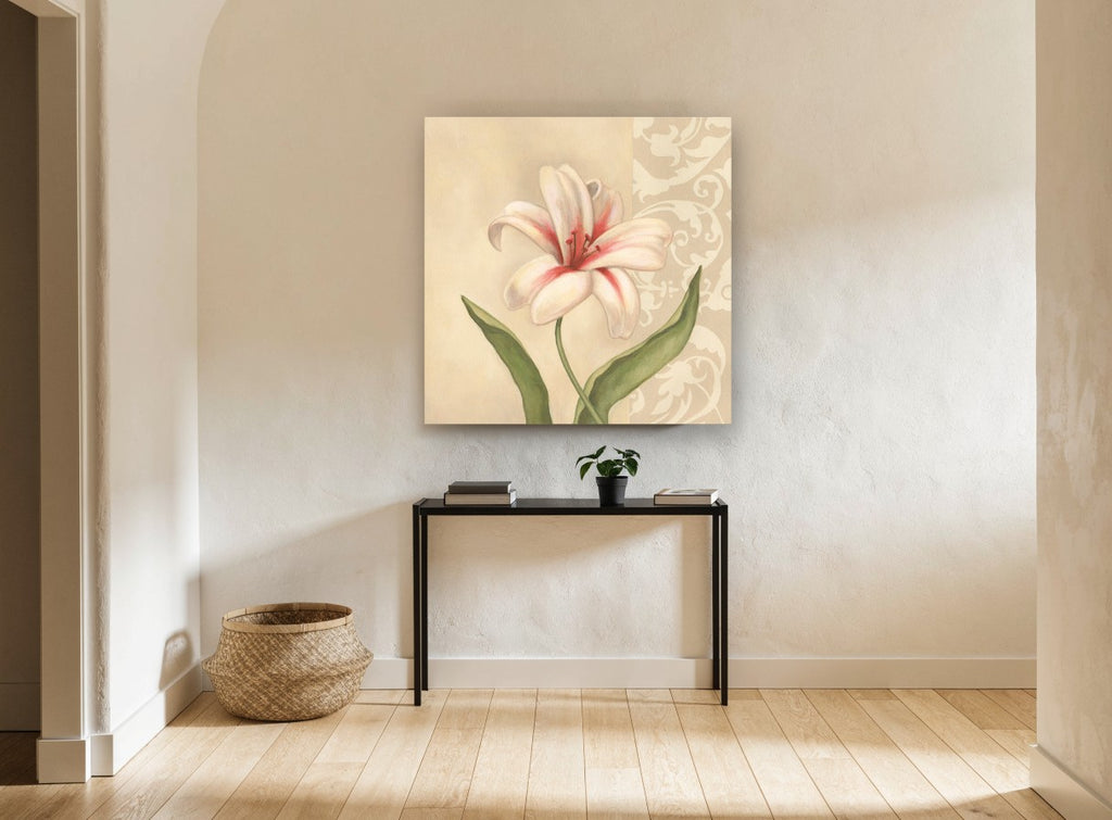 Cream Lily Panel vintage canvas print on the wall of a hallway
