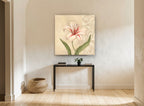 Cream Lily Panel vintage canvas print on the wall of a hallway