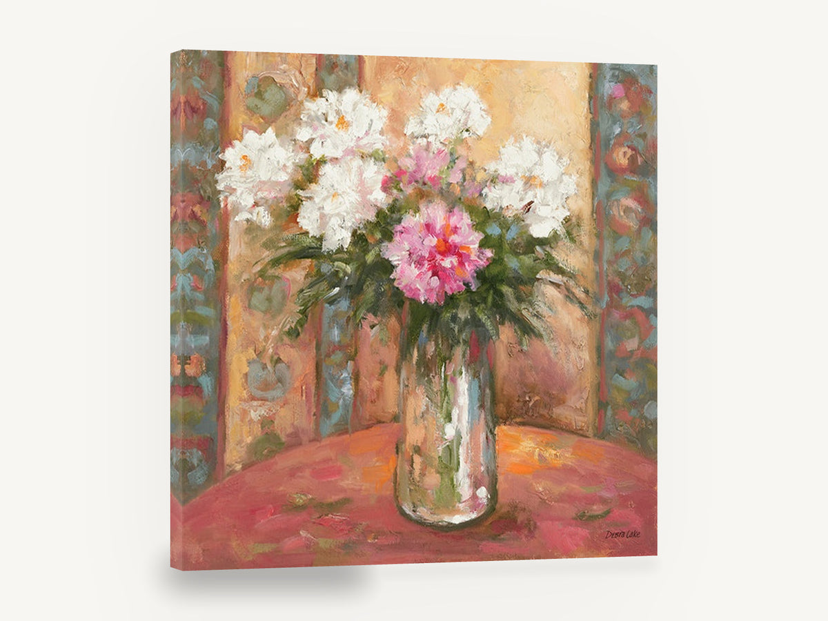 Peonies in Glass Jar, white and pink peonies in jar, floral canvas wall art print ready to hang
