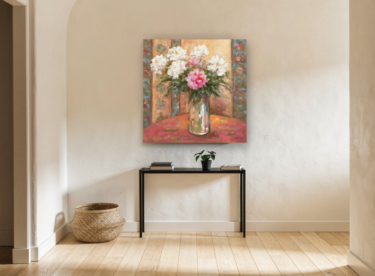 Peonies in Glass Jar floral canvas print on the wall of a hallway