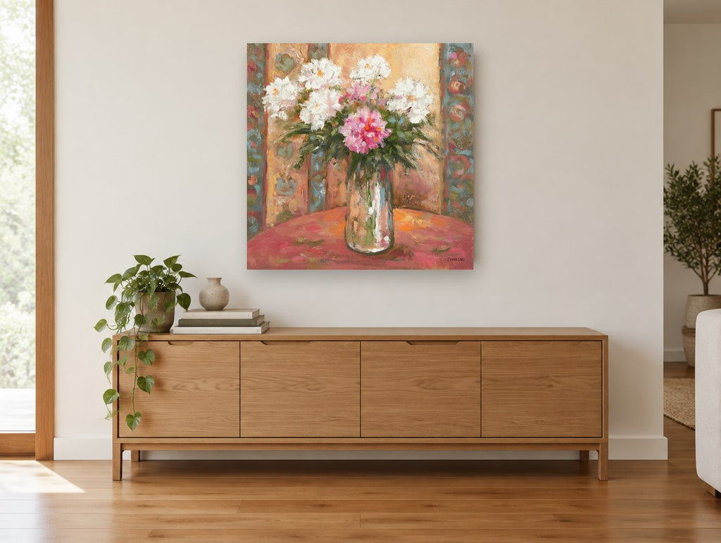 Peonies in Glass Jar floral canvas print on the wall of a living room above a sideboard