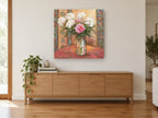 Peonies in Glass Jar floral canvas print on the wall of a living room above a sideboard