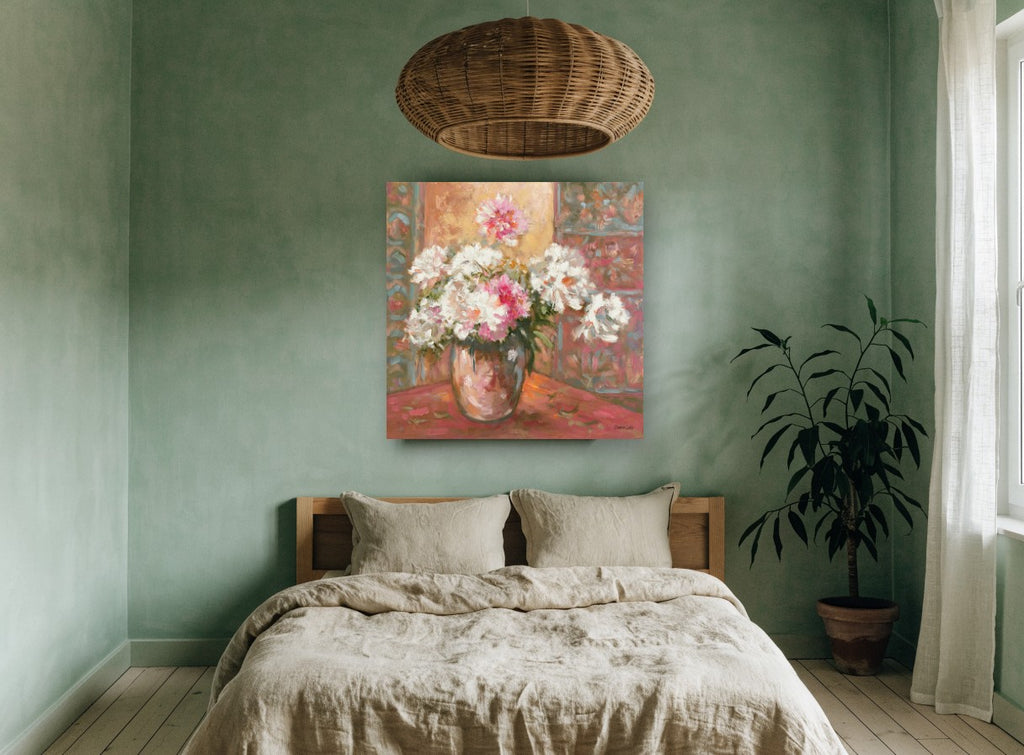 Peonies in Glass Vase floral canvas print on the wall of a bedroom