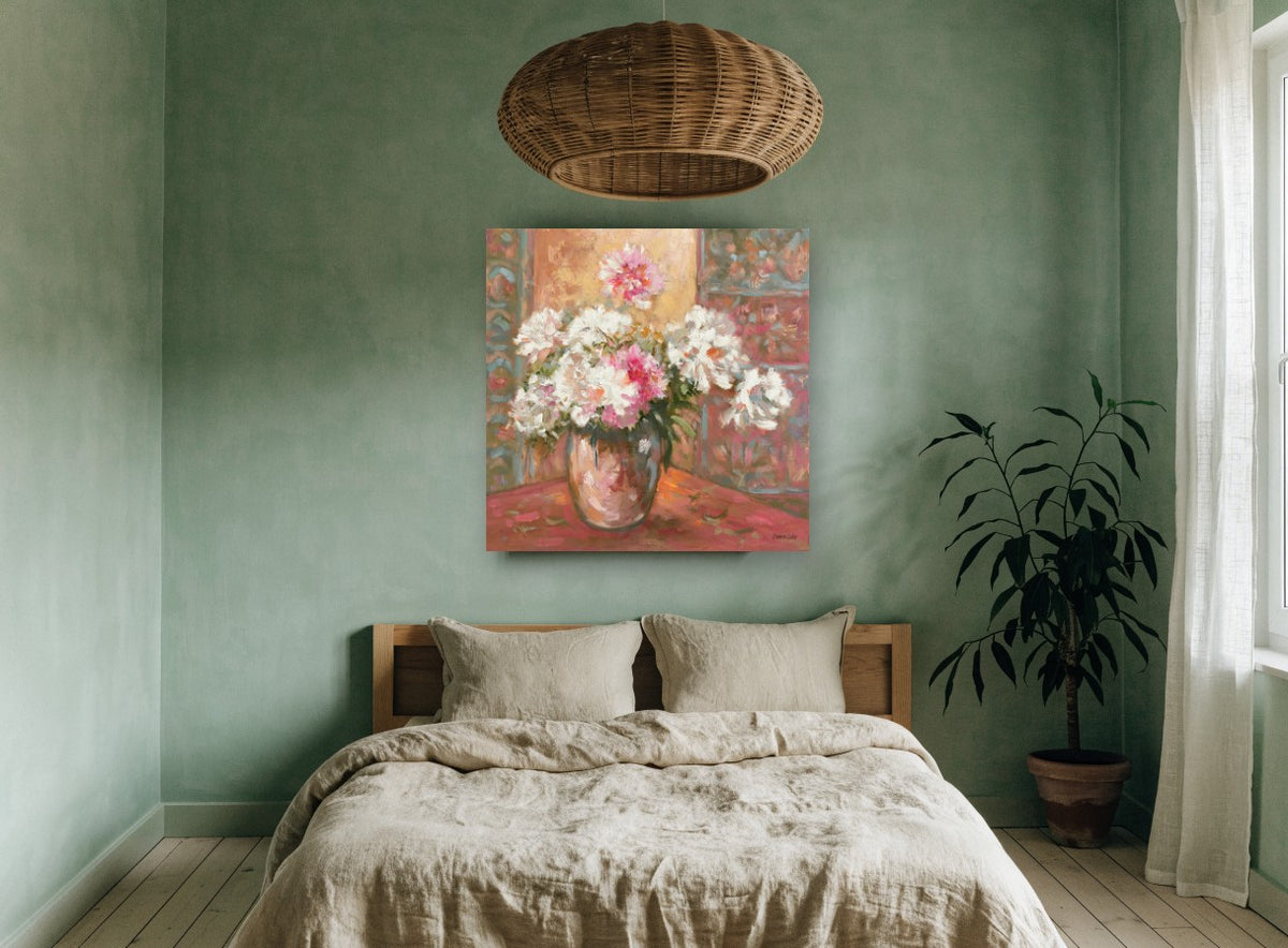 Peonies in Glass Vase floral canvas print on the wall of a bedroom