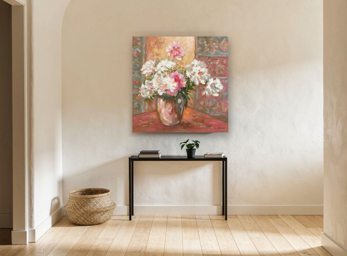 Peonies in Glass Vase floral canvas print on the wall of a hallway