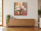 Peonies in Glass Vase floral canvas print on the wall of a living room above a sideboard
