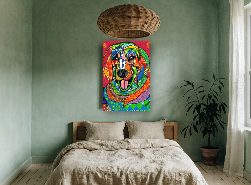 Patchwork Smiling Dog animal canvas print on the wall of a bedroom