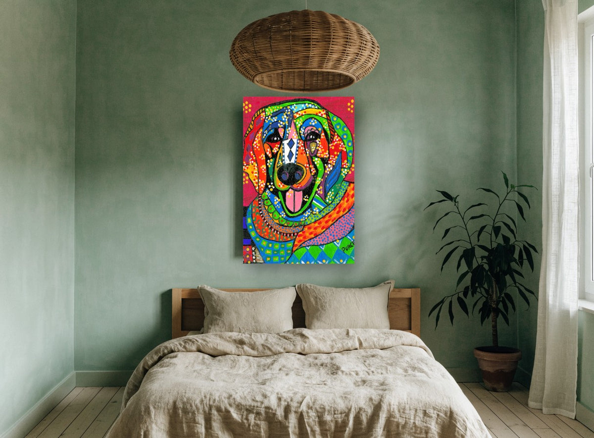 Patchwork Smiling Dog animal canvas print on the wall of a bedroom