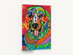 Patchwork Smiling Dog, colourful folk art dog portrait, animal canvas wall art print ready to hang