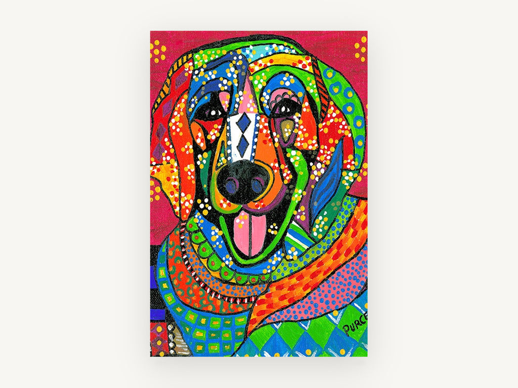 Patchwork Smiling Dog, colourful folk art dog portrait, animal canvas wall art print, front view