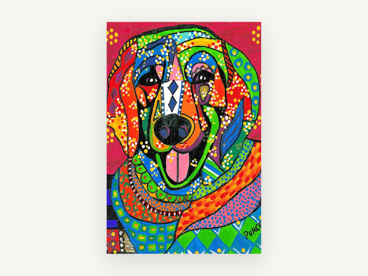 Patchwork Smiling Dog, colourful folk art dog portrait, animal canvas wall art print, front view