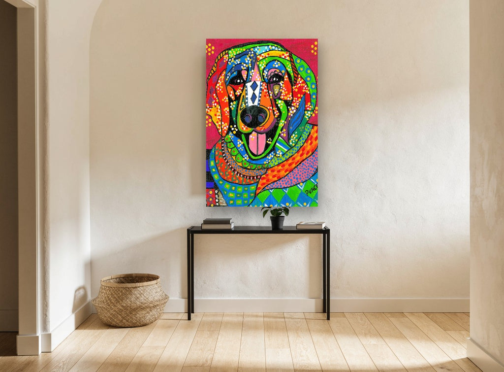 Patchwork Smiling Dog animal canvas print on the wall of a hallway