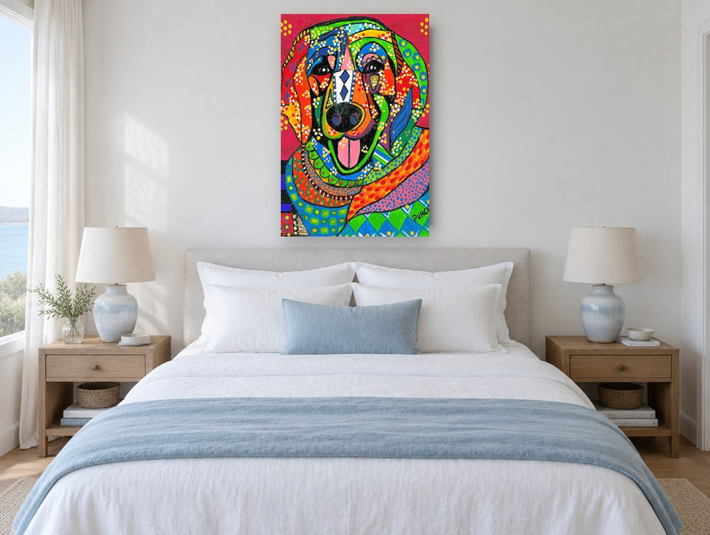 Patchwork Smiling Dog animal canvas print on the wall of a bedroom