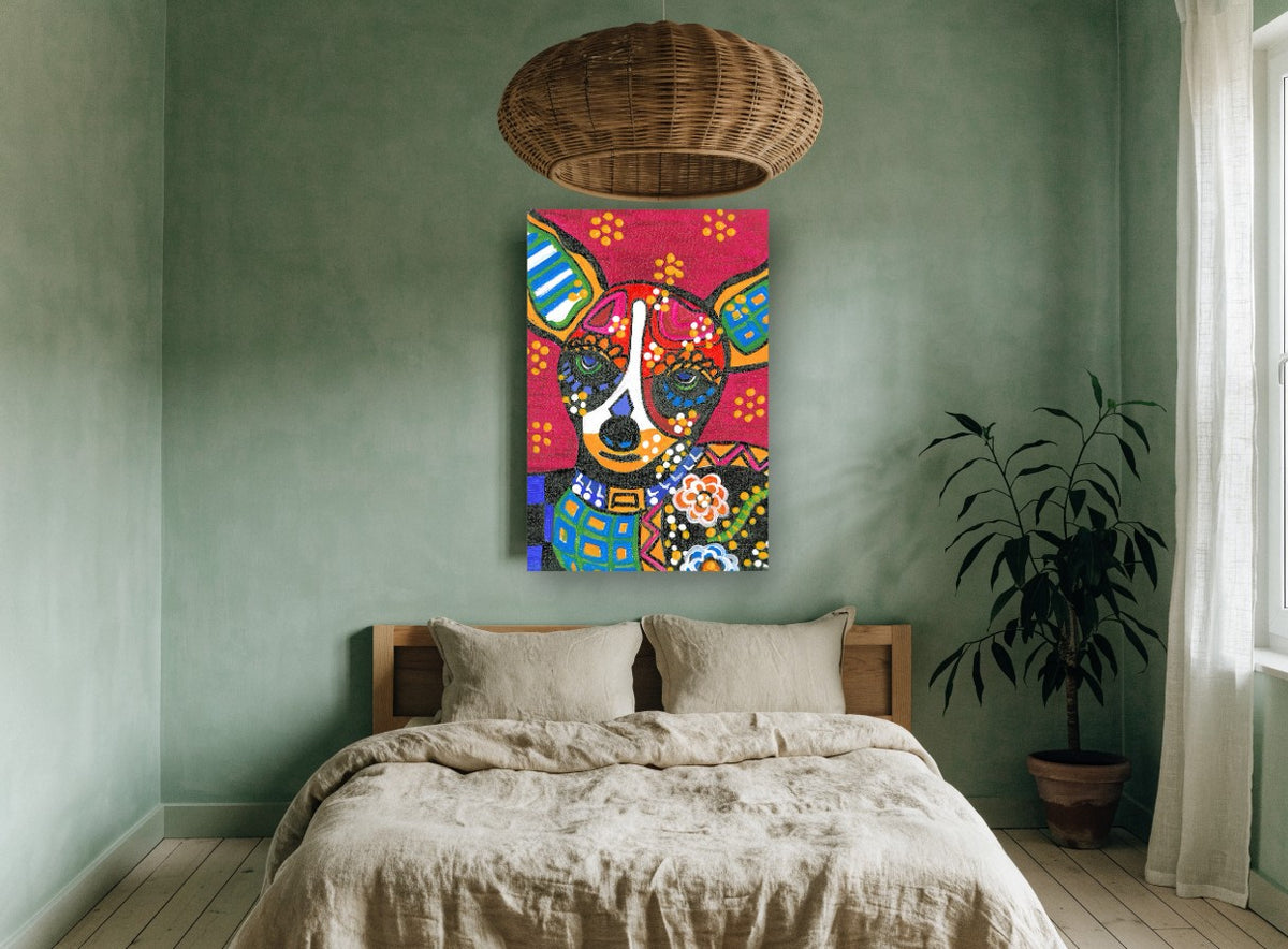 Folk Art Chihuahua Face animal canvas print on the wall of a bedroom