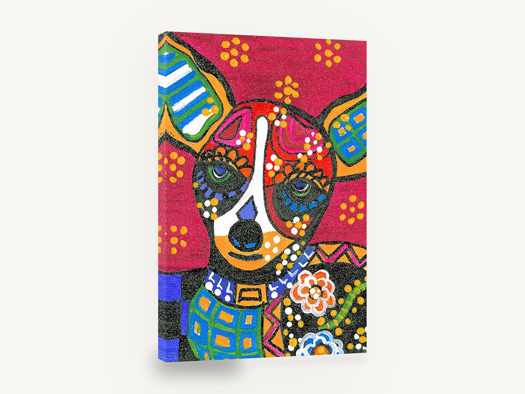 Folk Art Chihuahua Face, colourful folk art dog portrait, animal canvas wall art print ready to hang