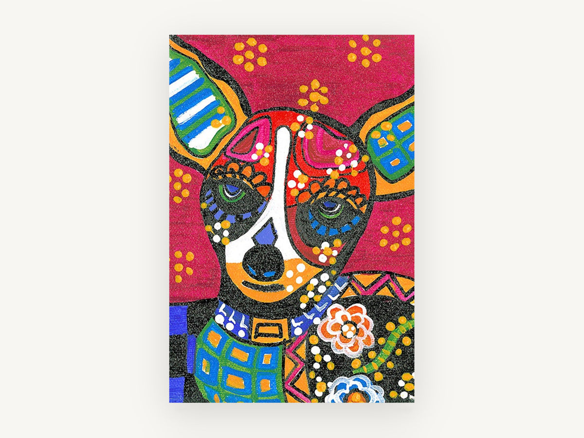 Folk Art Chihuahua Face, colourful folk art dog portrait, animal canvas wall art print, front view