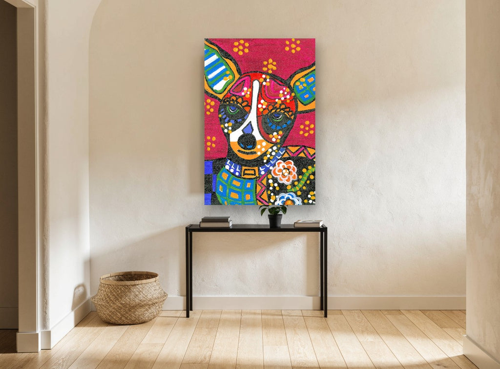 Folk Art Chihuahua Face animal canvas print on the wall of a hallway
