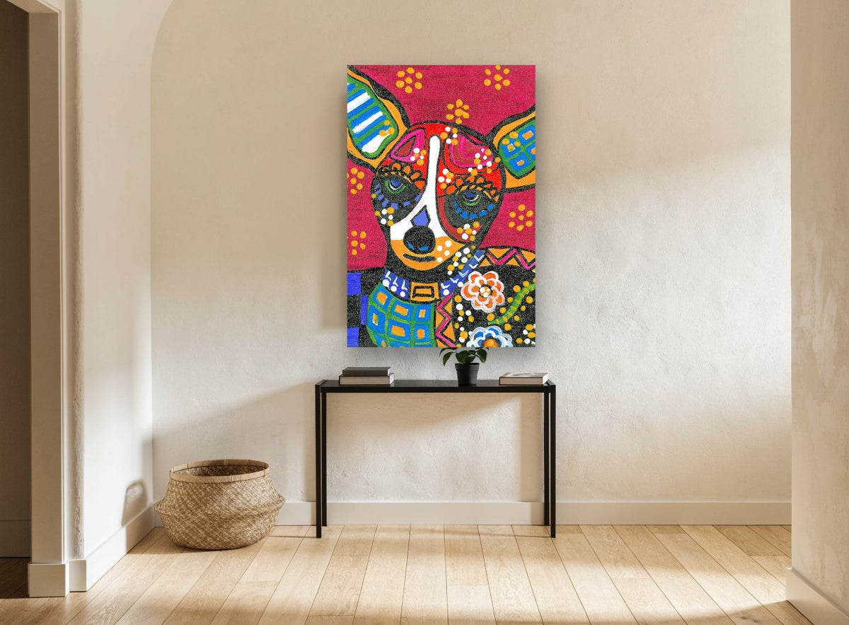 Folk Art Chihuahua Face animal canvas print on the wall of a hallway
