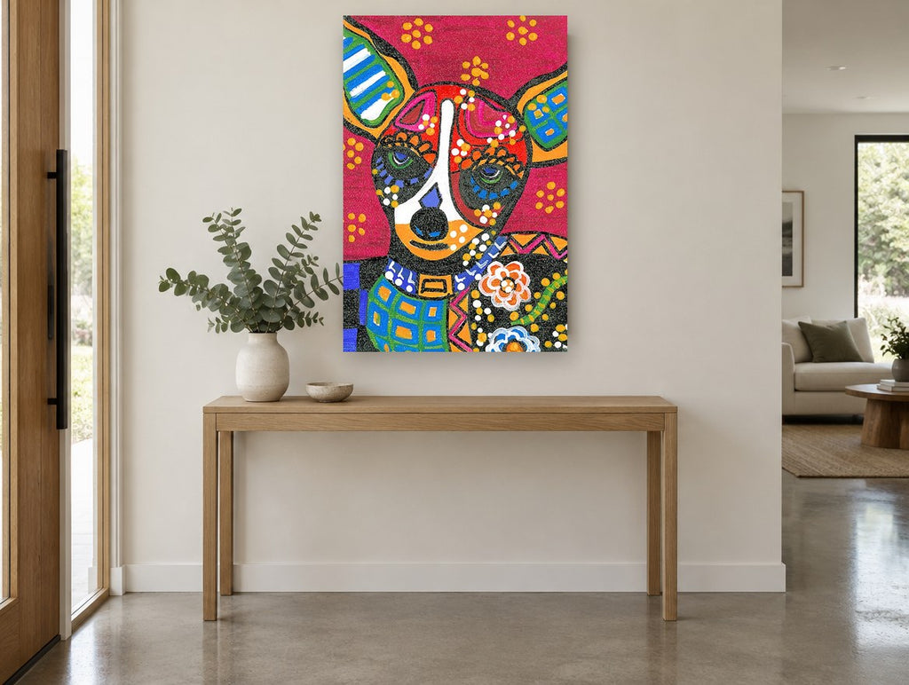 Folk Art Chihuahua Face animal canvas print on the wall of a entry hall