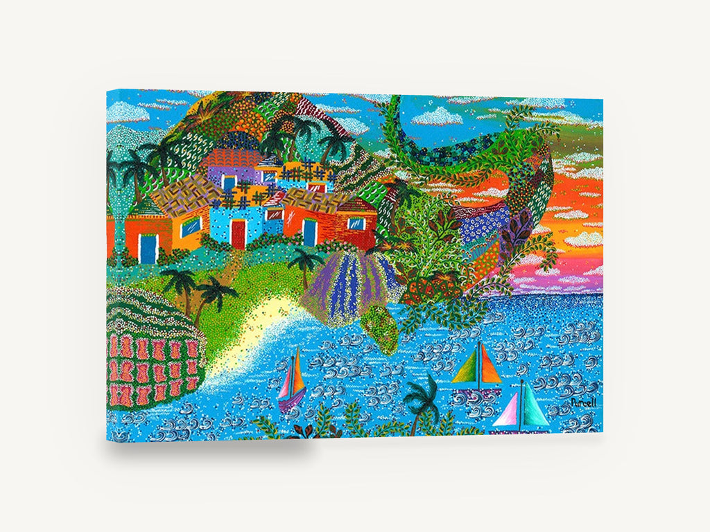 Island Village Sailboats, colourful island village sailboats folk art, coastal canvas wall art print ready to hang