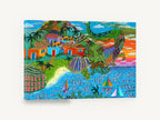 Island Village Sailboats, colourful island village sailboats folk art, coastal canvas wall art print ready to hang