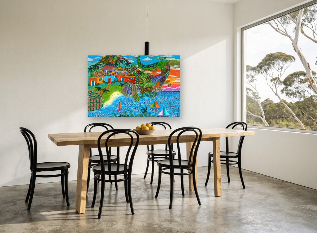 Island Village Sailboats coastal canvas print on the wall of a dining room